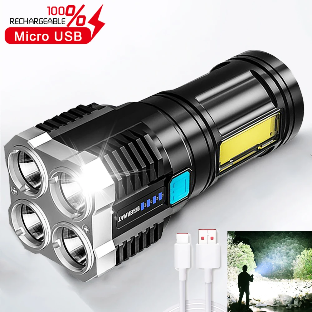 

High Light LED Flashlight Long Range USB Rechargeable Portable Torch Built-in Battery Tactical Lanterns 4 Modes Camping Lights