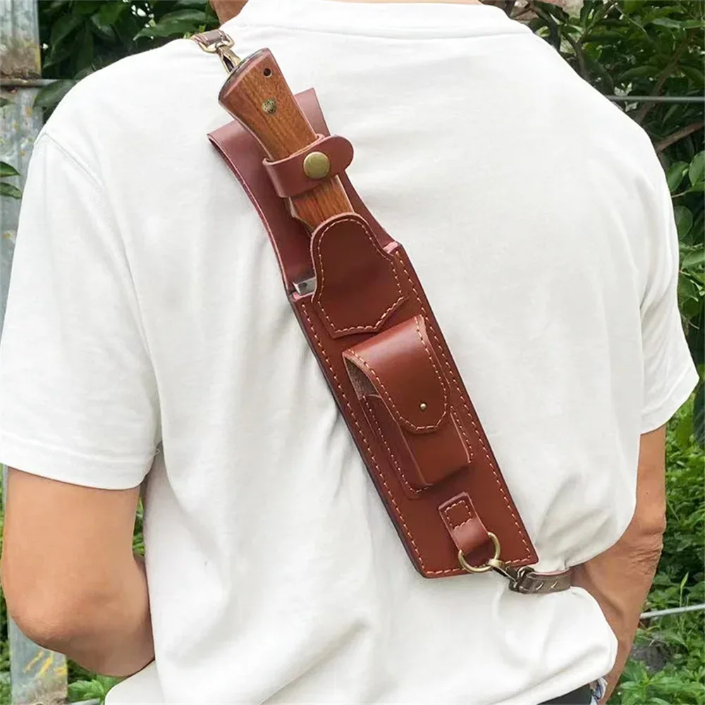 NIEUW Draagbare rechte mes lederen schede hoes voor vast mes, buiten opbergtas mesholster met crossbody riem