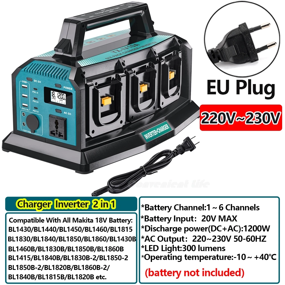 2-in-1 omvormer-oplader voor Makita 18V batterij Draagbare 1200W zuivere sinusomvormer 6A snellader 6 batterijpoorten DC naar AC 120/240V adapterconverter met 3 USB-A + 3 USB-C 300lm LED-lampen voor