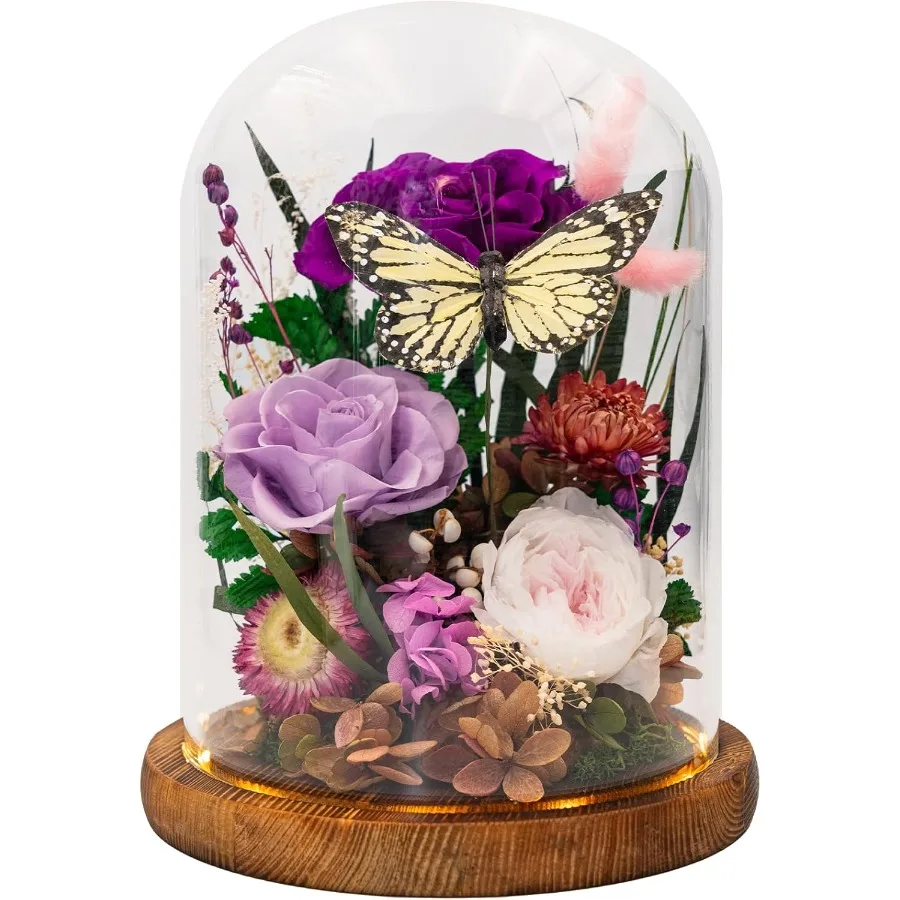 

Eternal Flower with Butterfly: Big Flowers Big Love - Elegant Purple Floral Arrangement in Glass Dome for Thanksgiving Christma