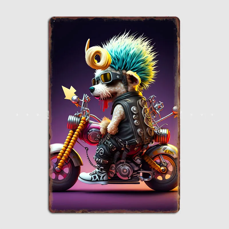 Animal Cute Schnauzer Dog Riding a Motorcycle Metal Sign Poster Garage Room Decor Living Custom Tin Vintage Home Decoration Wall