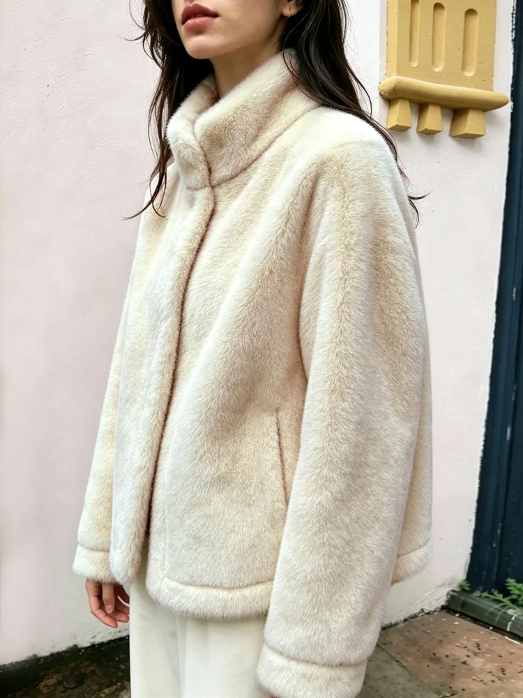 AACHOAE Women Faux Fur Jacket Winter Coat Stand Collar Long Sleeve Snap Button Warm Loose Casual Elegant Outerwear