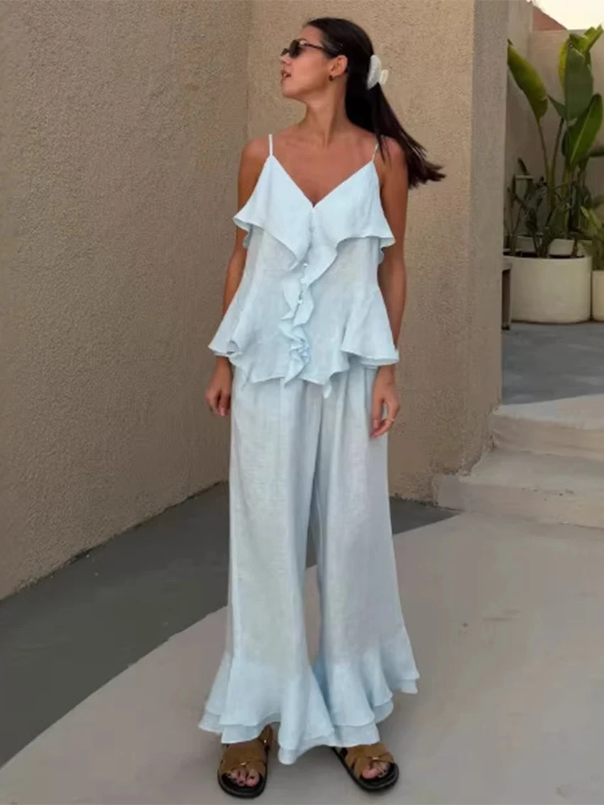 

Parc Fee Sexy Loose Blue Cotton Trousers Sets Woman 2 Pieces Summer Sleeveless Tank Top With High Waist Wide Pants Set Female