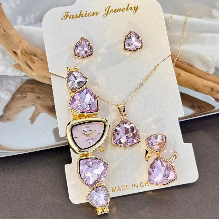 Luxury Ladies Quartz Watch Colorful Diamond Irregular Shape Necklace Ring Earrings Jewelry Set Four-Piece Gift Set Trendsetter
