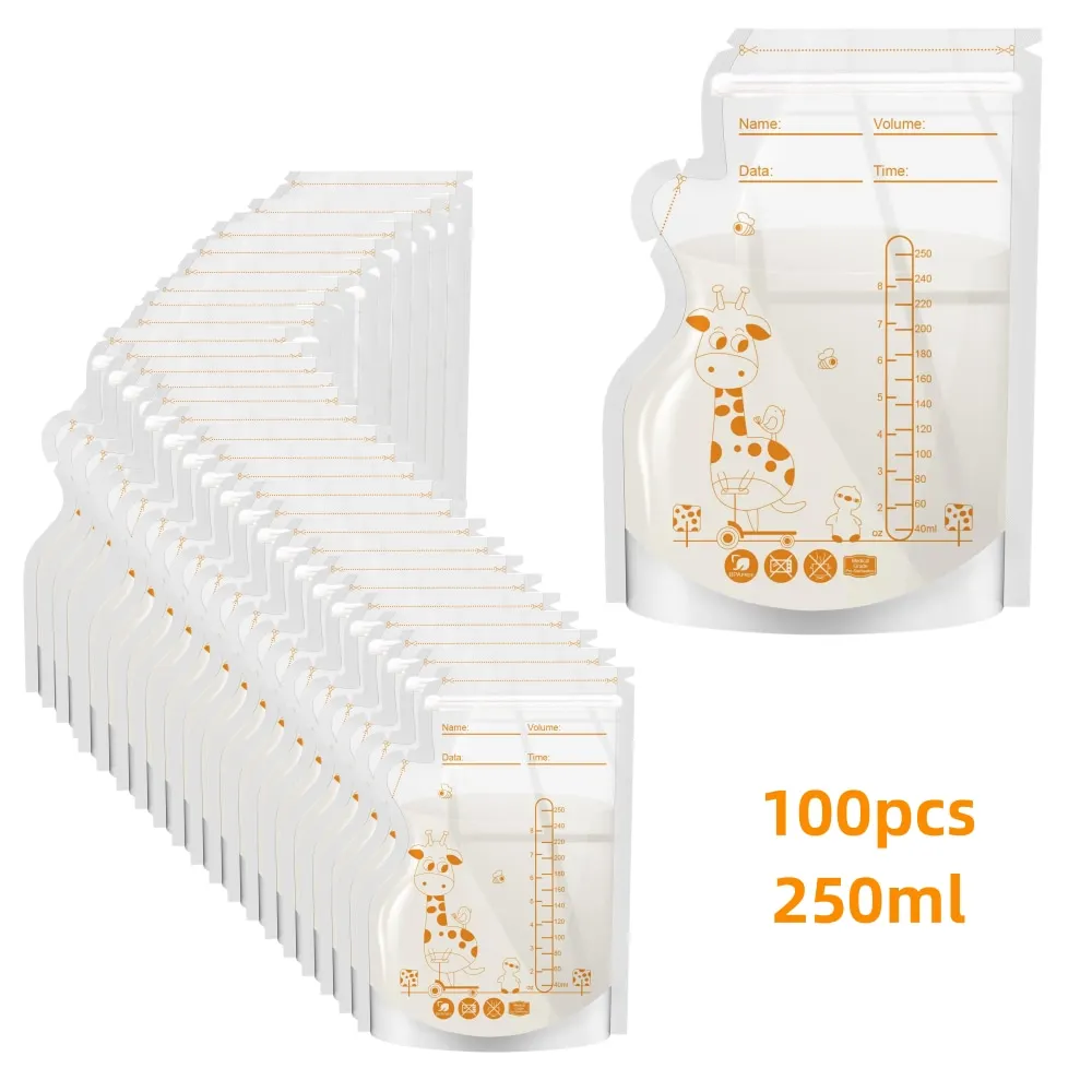 Giraffe 100pcs Breastmilk Storage Bag Self Standing Baby Food Storage Containers No Leak Milk Freezer Bags Safe Feed BPA Free