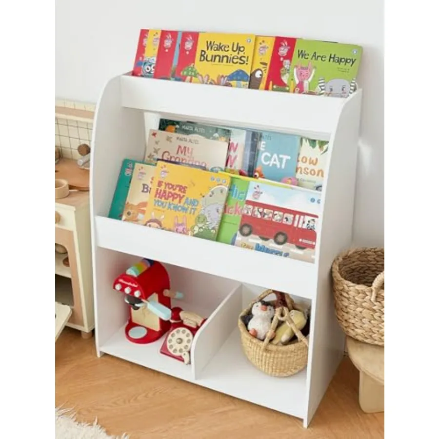 

Деревянная книжная полка и хранилище игрушек, 3-уровневая полка для книг Монтессори для детской комнаты, детской игровой комнаты, классная белая