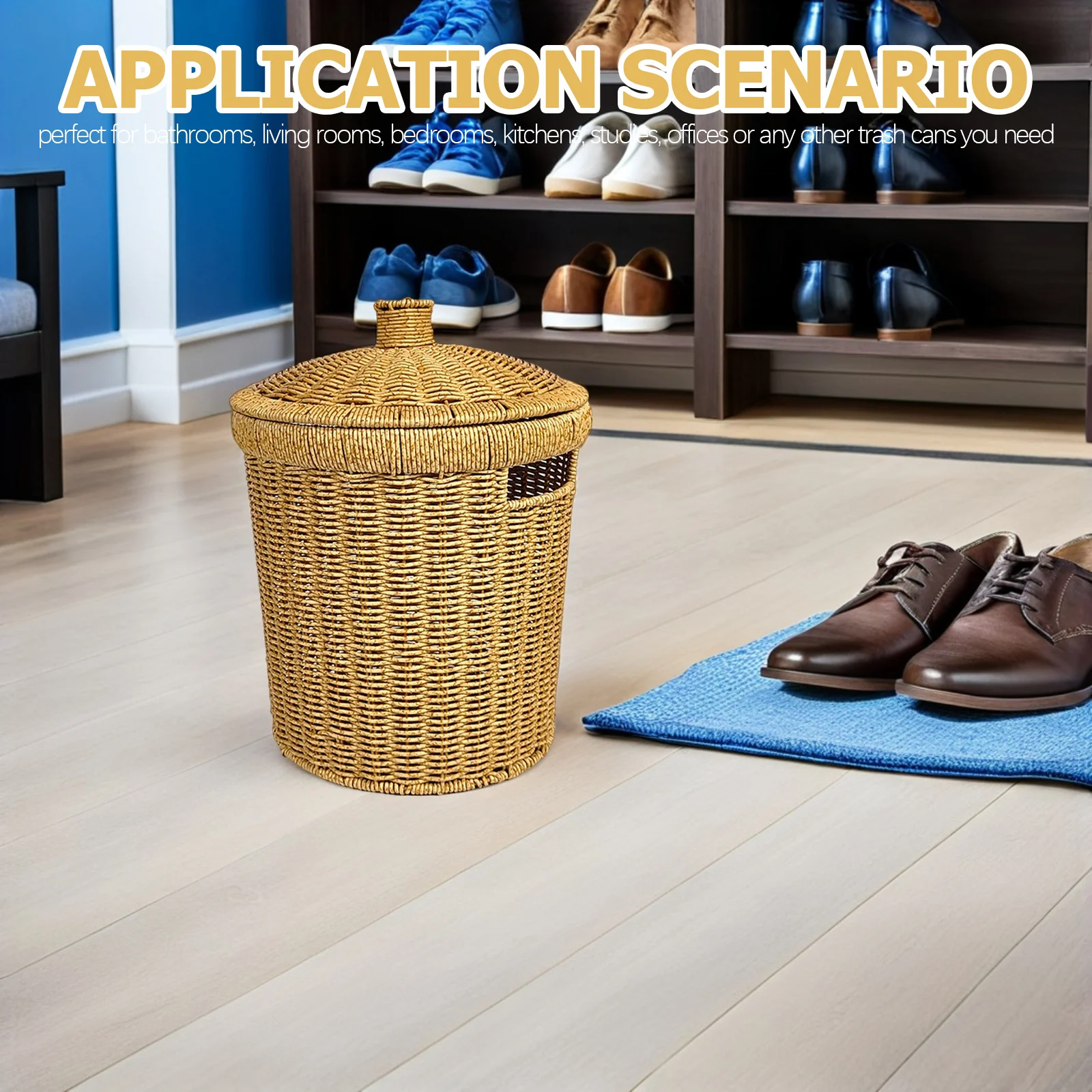 

Round Large Imitation Rattan Woven Trash Can with Lid Plastic Garbage Bin for Bathroom Bedroom Office Kitchen Decorative Waste