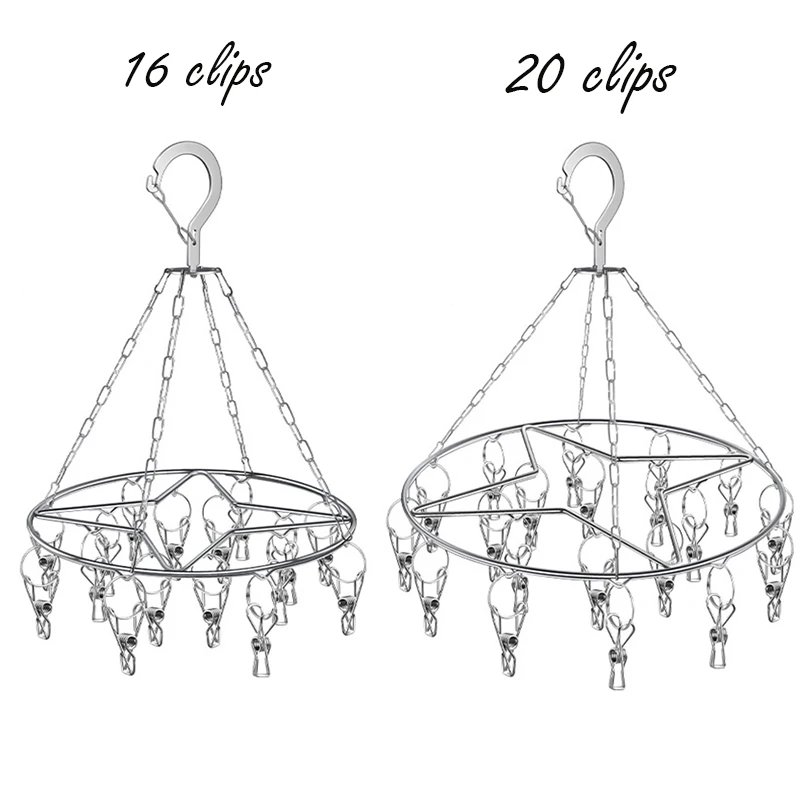 Round Metal Clothes Drying Hanger with Clips Windproof Laundry Rack for Socks Underwear Towels