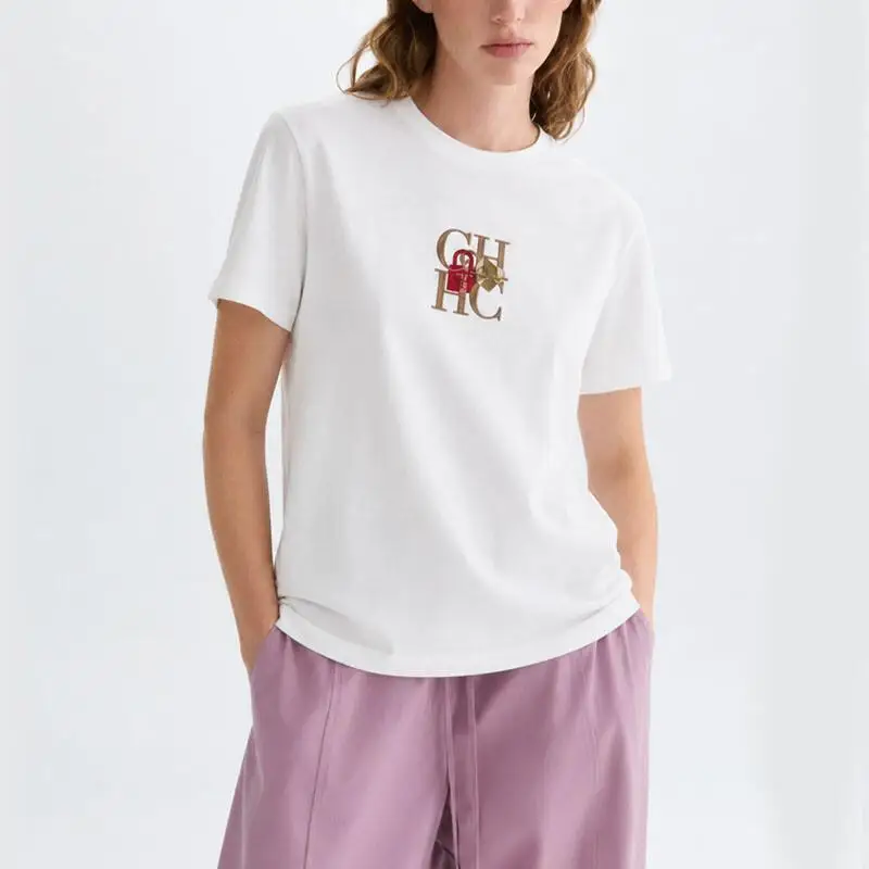 CH Damen Weißes Baumwoll-T-Shirt mit Besticktem Logo Rundhals Kurzarm Atmungsaktives Lässiges Sommer-Oberteil – Detail 5