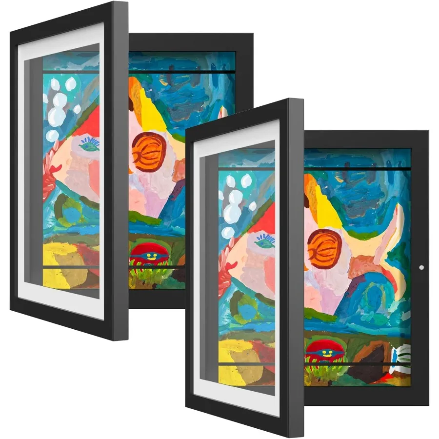 

2 Pack Art Frame for Wall Display with Changeable Design 8 x10.5 Inch with Mat and 9 x12 Inch Without Mat Black Front-Opening P