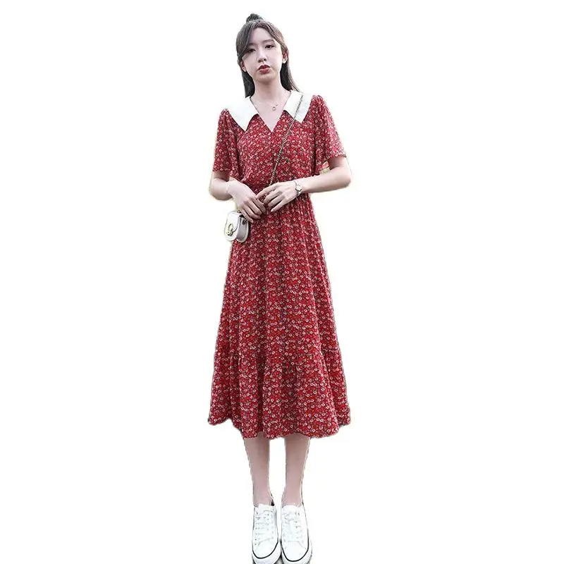 

French Foral Chiffon Dress Women's Summer Retro Waist Slimming Temperament Small Fresh Doll Collar Fashion Casual Skirt Women