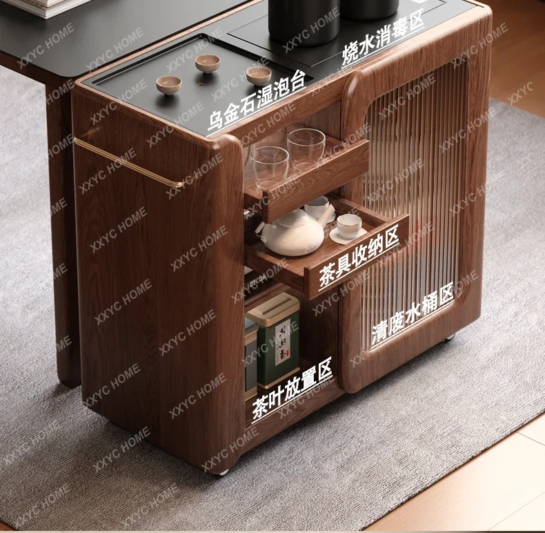 A Solid wood movable tea table Living room tea cabinet with tea making balcony coffee table