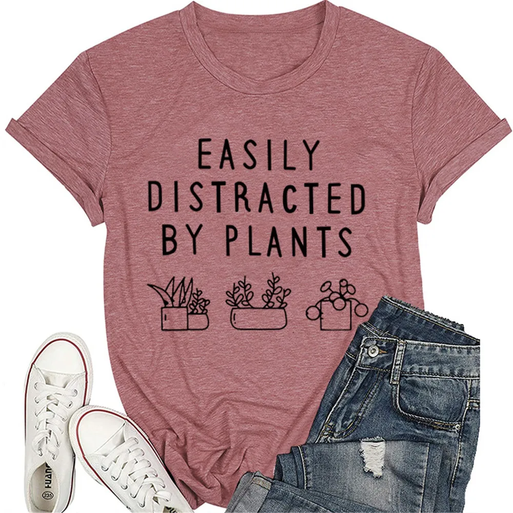 Easily Distracted By Plants T Shirt Women Plant Graphic Tshirts Funny Farm Premium Tops O-neck Gardener Garden Lover T-Shirt