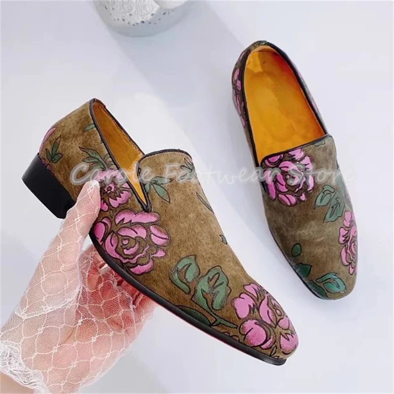 Romantic Rose Prints Shallow Slip-On Loafers for Men Handmade Leather Breathable Party Wedding Dress Shoes Male Derby Shoes