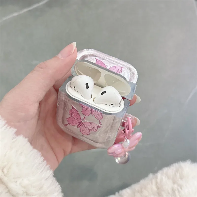 Funda con colgante de mariposa rosa para AirPods 4, Airpod 1, 2, 3 Pro Pro2, auriculares Bluetooth, caja de carga, funda protectora para auriculares