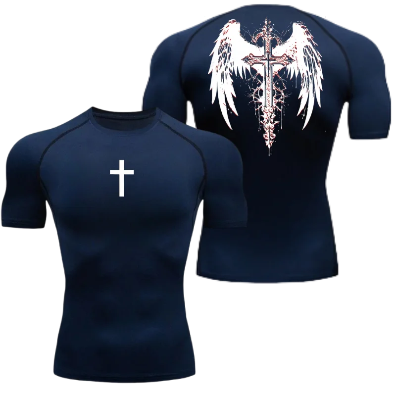 Herren Kompressions-T-Shirt mit Cross-Wing-Print, schnelltrocknend, für Workout, Training, Bodybuilding, Laufen, Fitness, Sport