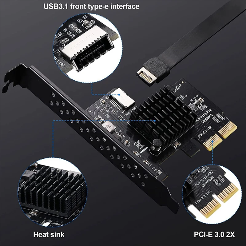 2X PCI-E 2X To USB3.1 A-Key Gen2 Front Type-E Expansion Card,10Gbps Type-E 20-Pin Front Panel Connector Riser Card