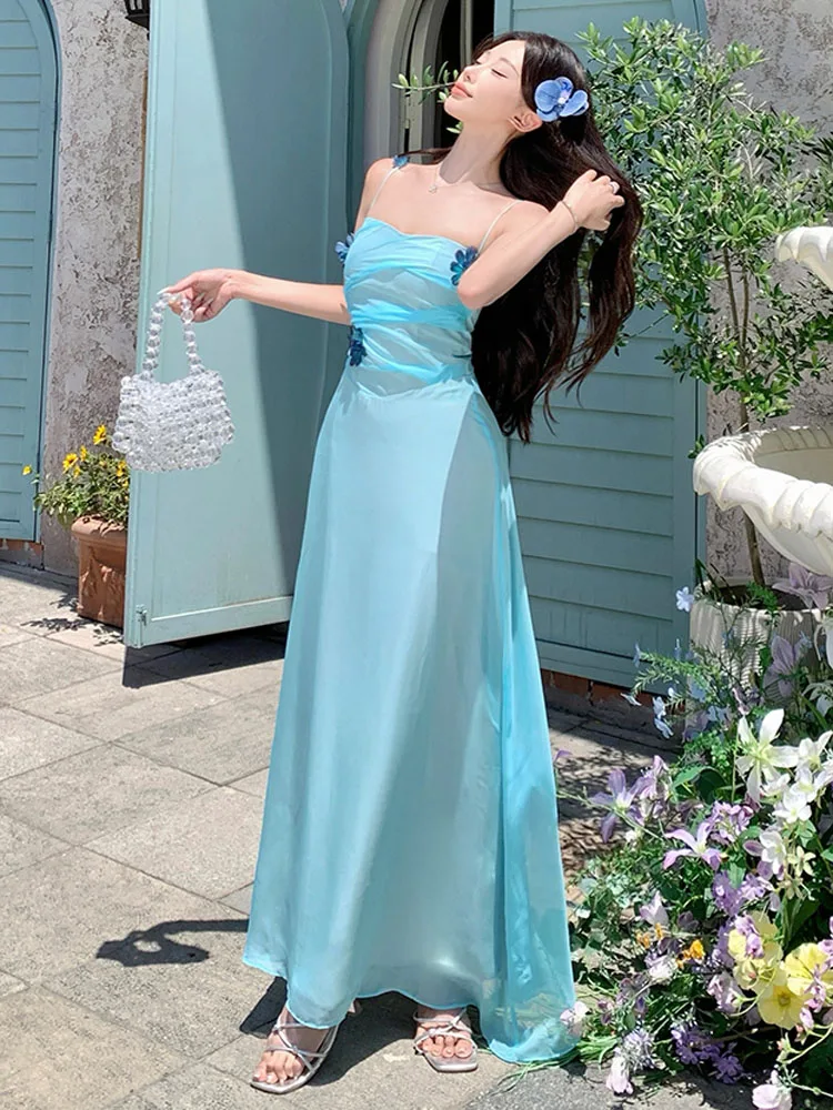 Luxus-Party-Abendkleid 2025, weibliche Mode, blauer Chiffon, sexy Schlinge, schlank, gerafft, Boho-Urlaub, Strand, langes Kleid, Robe