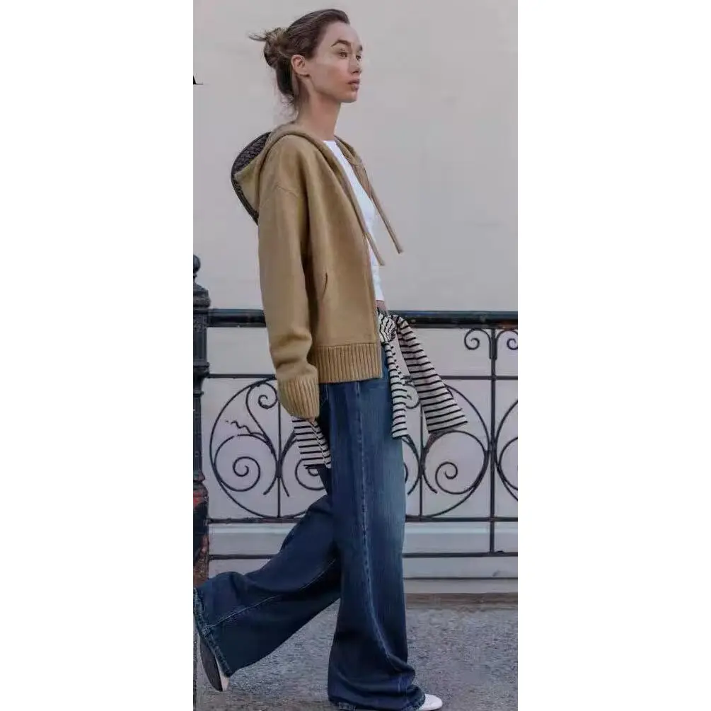 ファッショナブルなニットパーカー レディース カジュアル ルーズフィット ポリエステル繊維 暖かい 長袖 ジッパー開閉 秋冬 オールマッチセーター