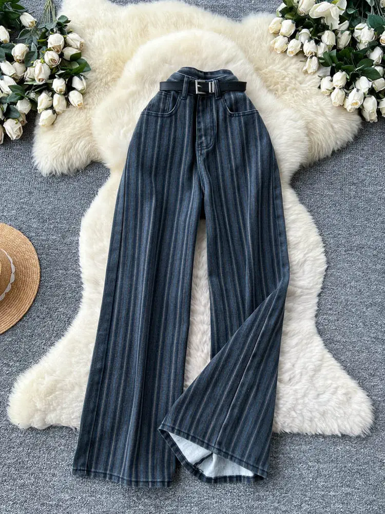 Korean version retro design sense waist belt high waisted striped jeans women's spring new loose casual wide leg pants