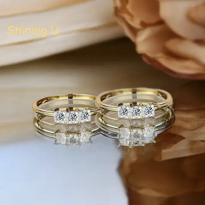Shining U S925 Silver 3mm*3 High Carbon Dimond Gems Ring for Women Gold Plated Fine Jewelry Summer