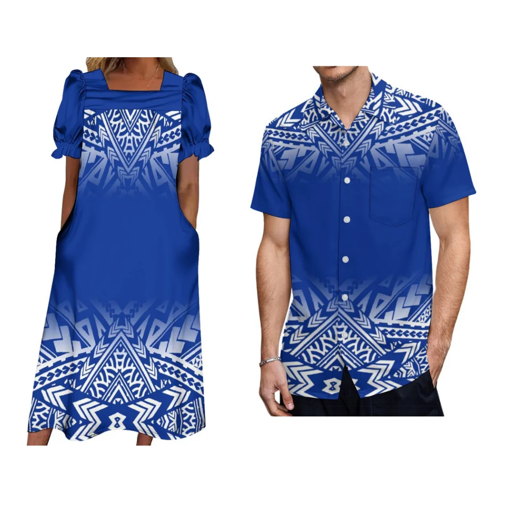 

Traditional Polynesian Couple Suit Puffy Sleeve Women'S Dress Hawaiian Shirt Casual Pocket New Women'S Dress Micronesian MUMU