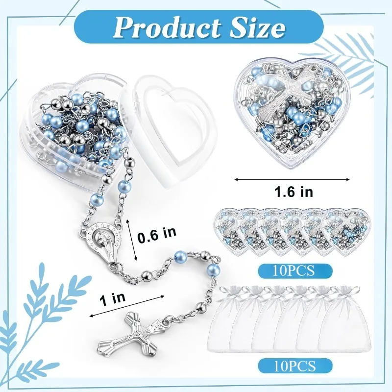 4mm 10pcs Catholic Rosary Necklace Glass Beads Favors Crucifix Prayer Faux Pearl with Heart Box for First Communion Baptism