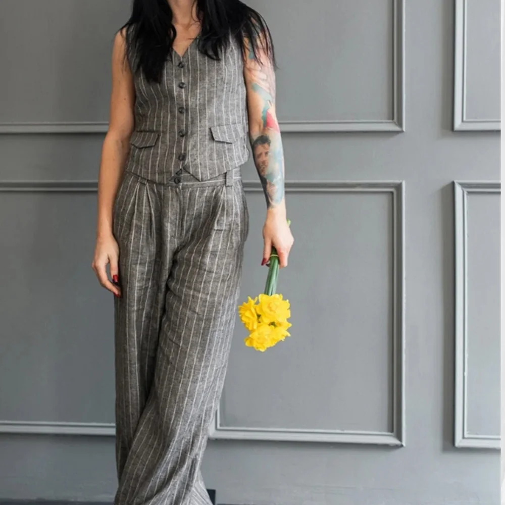 

Women's Two-Piece Striped Single Breasted Loose Vintage Leg Pant Suit Trousers Office Lady Sets conjuntos femininos elegantes