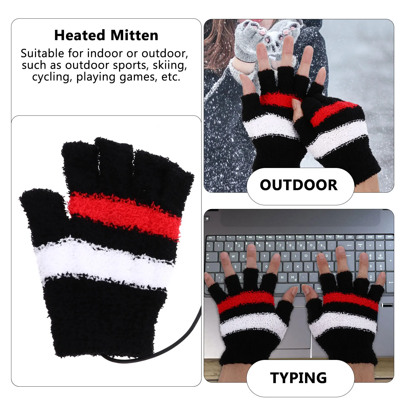 

1Pair USB Heated Winter Gloves Ultra Soft Wool Heating Palm and Half Finger Mitten for Typing Hiking Riding