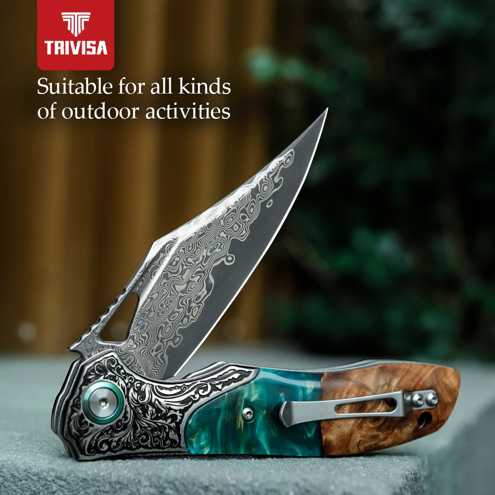TRIVISA Apus-07C Coltello EDC tascabile pieghevole per uomo, lama in acciaio di Damasco Manico in legno in resina Multiutensile tattico per sopravvivenza all'aperto