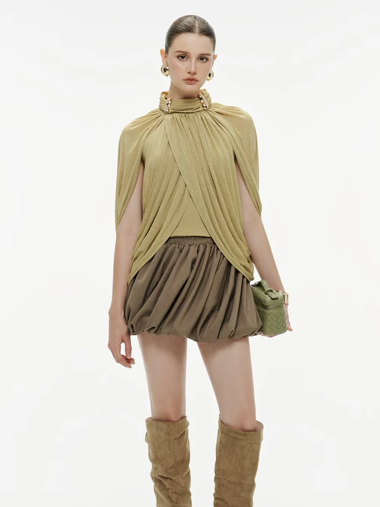 

Ретро-топ с высоким воротником, драпировкой и плиссировкой, женский, модный, повседневный, универсальный, из полиэфирного волокна, с коротким рукавом