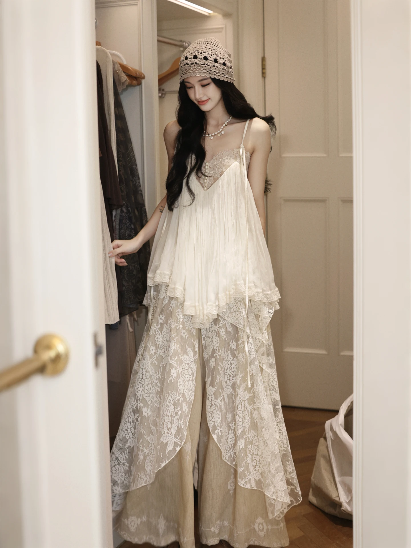 High Waist Lace Patchwork Wide Leg Pants Loose Lazy Long Pants AZure White Jasmine Vintage Style Slimming Skirt Pants