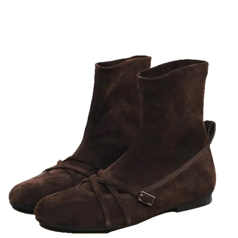 

Slim Fit Flat Bottom Round Toe Women's Boots Elastic Short Boots Comfortable Style Denim Material Velvet