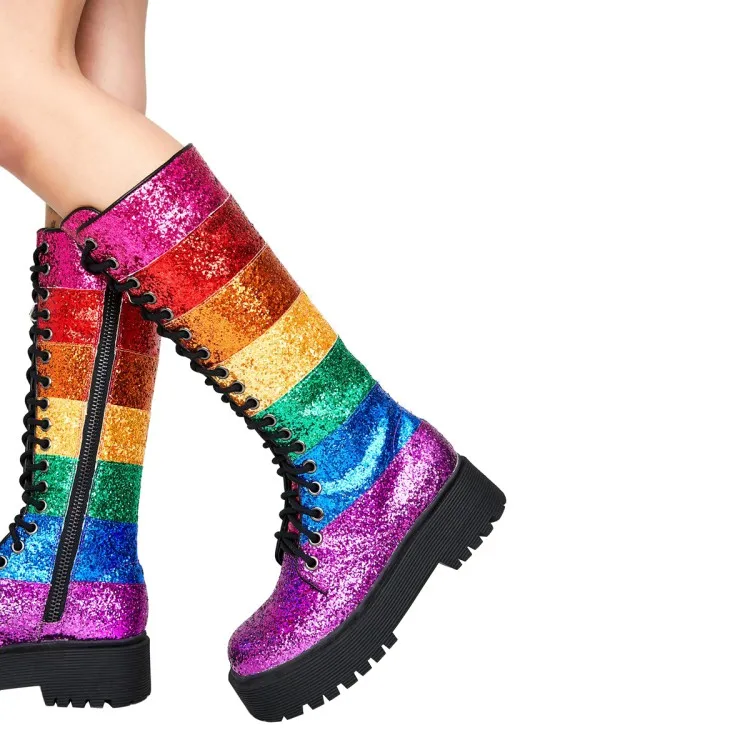 Mixed Colored Ankle Boots Sequin Lace Up Platform Thick-Soled Mid-Boots Women's Shoes Stage Dance Performance Colorful Shoes