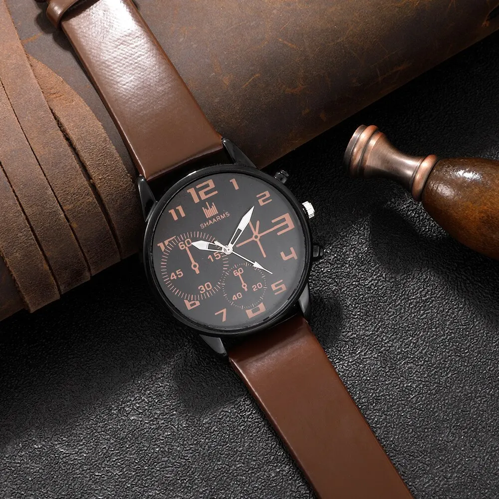 Juego de 5 piezas para hombre, relojes de pulsera deportivos a la moda, reloj de pulsera de cuarzo con esfera grande Retro, Reloj clásico informal de cuero marrón