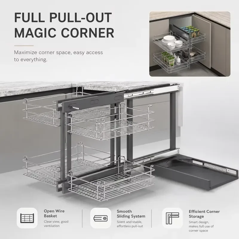 TKK kitchen pull-out magic corner cabinet storage rack, slow-closing shelf drawer storage basket, full extension magic corner