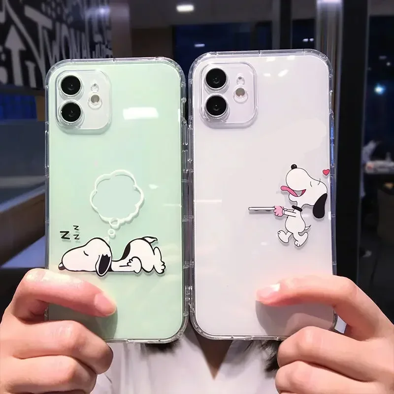 Cute Cartoon Snoopy Simple Green for iPhone 15 Promax 14 13 12 11 Phone Case Transparent Kawaii Girl