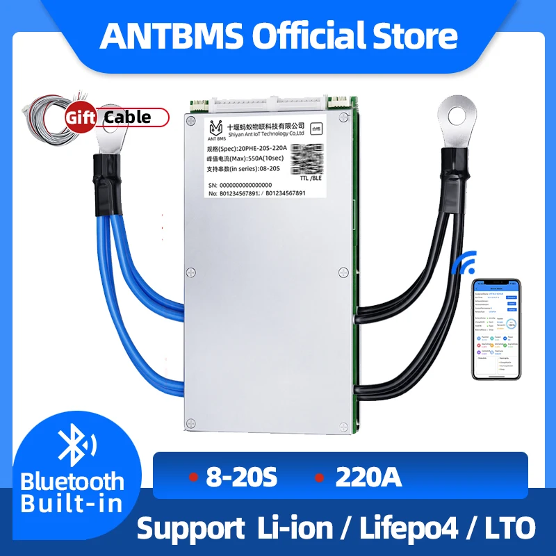 

ANT Smart BMS 8S 9S 10S 11S 12S 13S 14S 15S 16S 18S 20S Li-ion BMS Lifepo4 220A Peak 550A 24V 36V 48V 60V Built-in BT With NTC