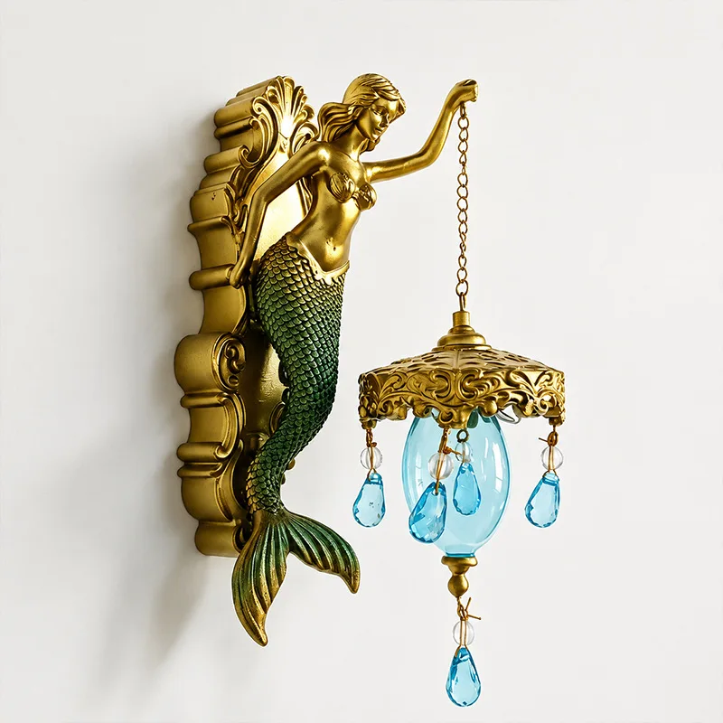 Vintage Resin Mermaid Wall Lamp, European Niche High-end Wall Hanging Light, Art Home Wall Decor Ornament