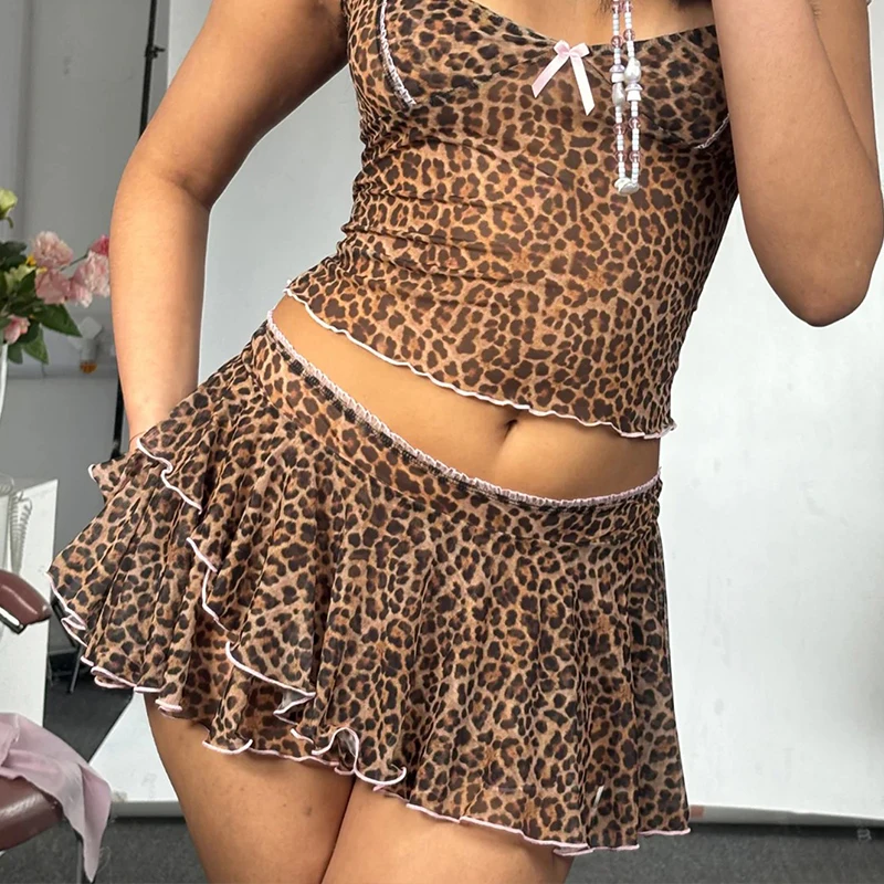 BKLD Sexy&Cute Leopard Print Contrast Skirt Matching Set Ladies Short Sleeved Low Cut Neck Tees+Ruffles Mini Skirt Party Outfits