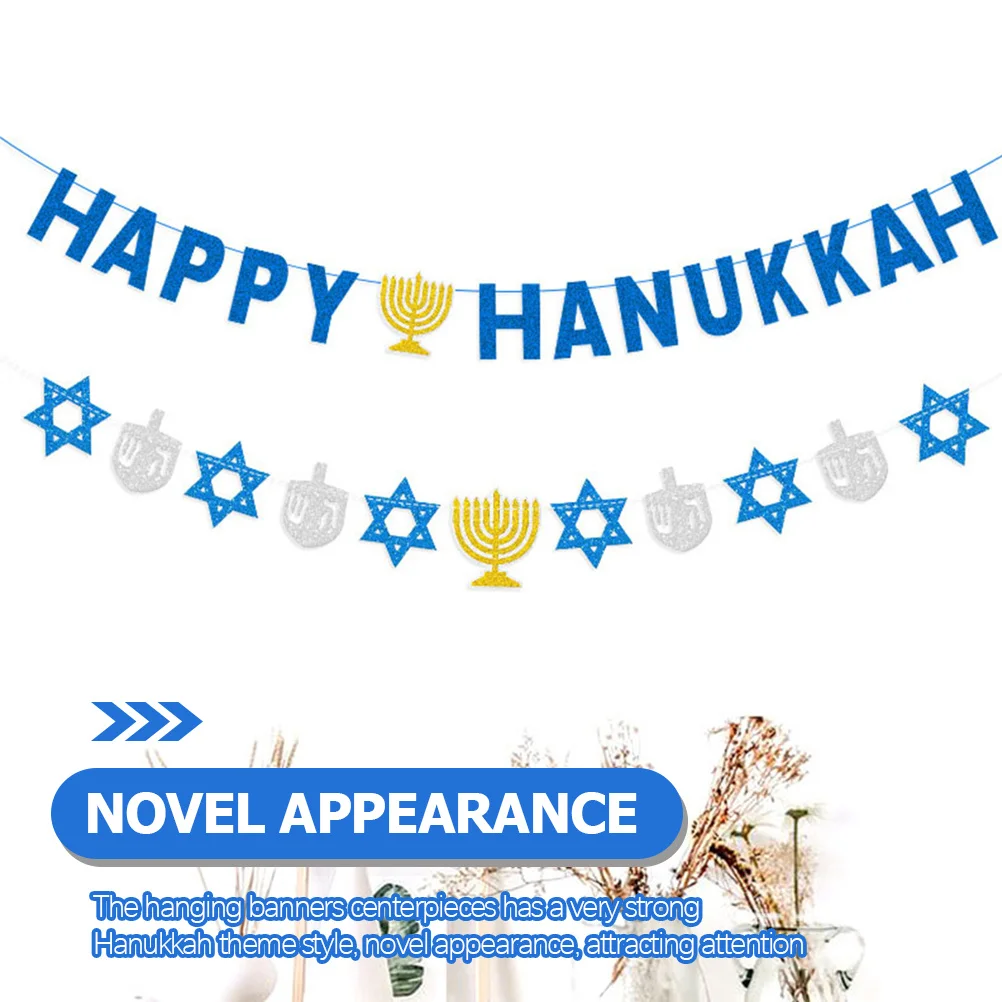 

2Pcs Hanukkah Six-Pointed Star Menorah Banner Holiday Party Decor Hanging Decoration for Home Wall Table Garland