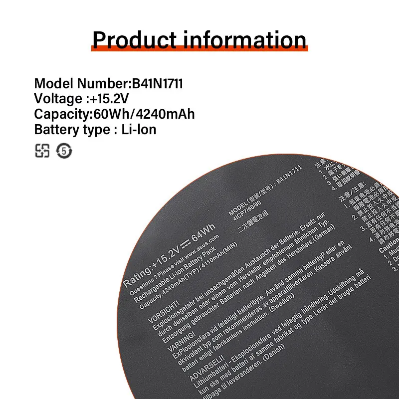 Imagem -05 - Bateria do Portátil para Asus Strix B41n1711 Gl703vd Gl703vm Gl503vd Gl503vm Fx503v Fx705dt Fx705dd Fx705du Fx705dy 64wh