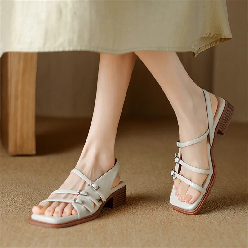 New Summer Sandals Split Leather Women Shoes Square Toe Sandals for Women Fashion Belt Buckle Chunky Heel Sandal Gladiator Shoes view 2
