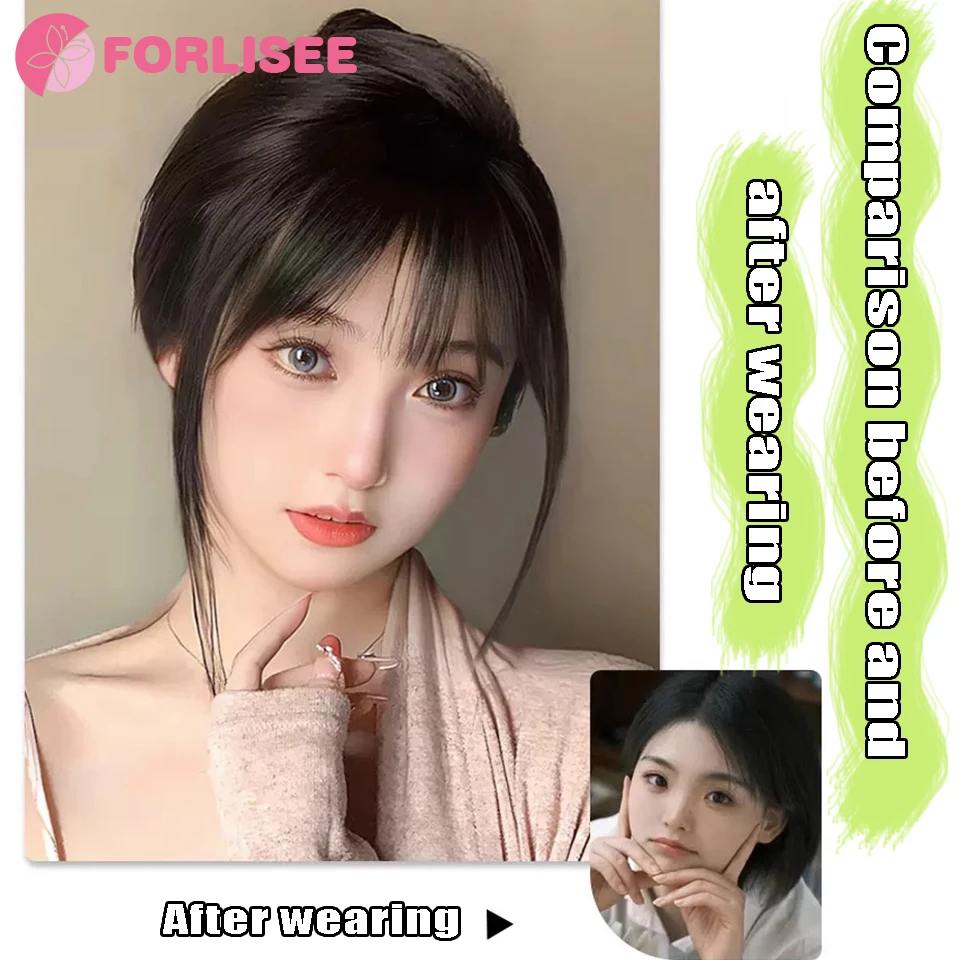 FORLISEE Synthetic 3D French Bangs Wig Female Fluffy Natural High Skull Top Hair Patch Fake Bangs Air Bangs Wig