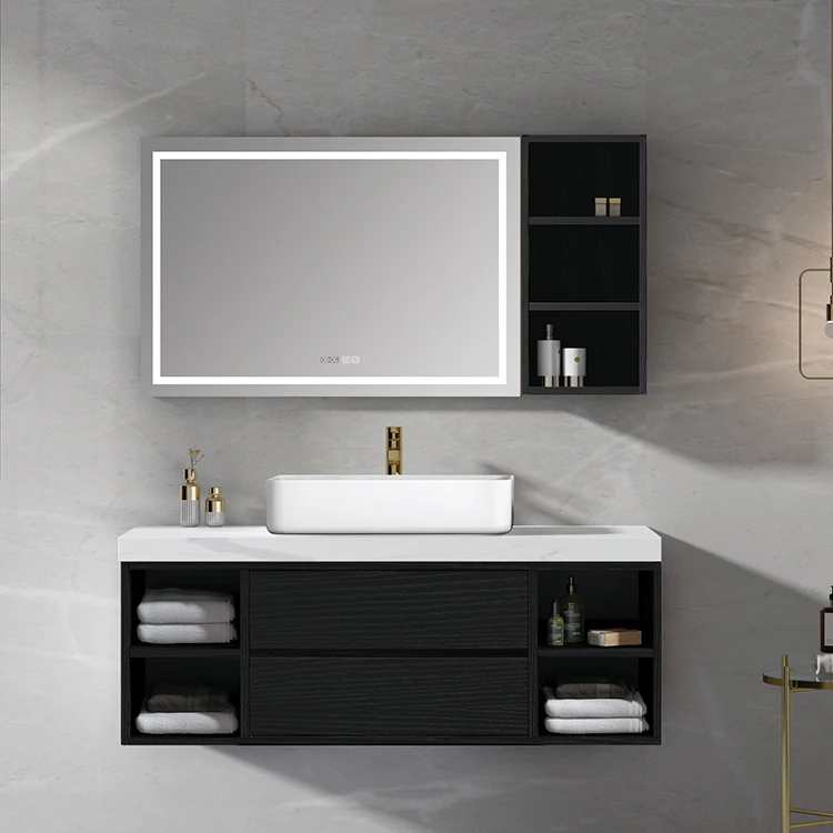 

Factory Supply Modern Design Bathroom Cabinet Set with Basin Led Mirror Solid Wood Vanity Wall Mounted Black