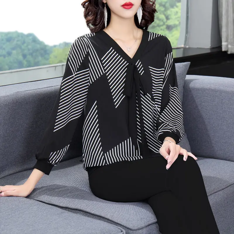 Vintage Printed V-Neck Drawstring Striped Bow Blouse Women\'s Clothing 2022 Autumn Casual Tops Oversized Loose Office Lady Shirt