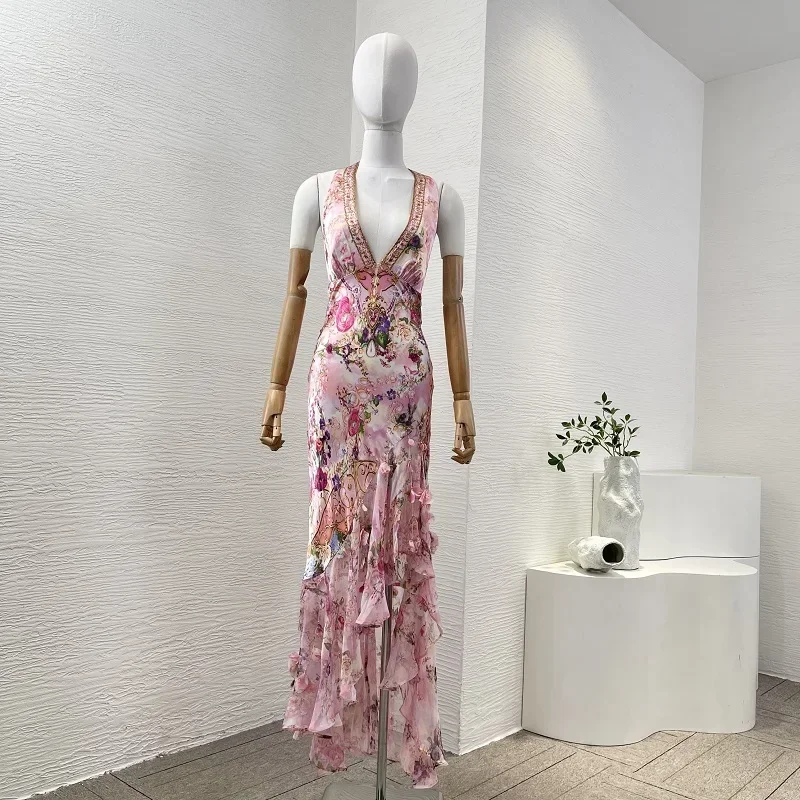 

Pink Floral Print Sleeveless Backless Irregular Neck-Mounted Midi Dress