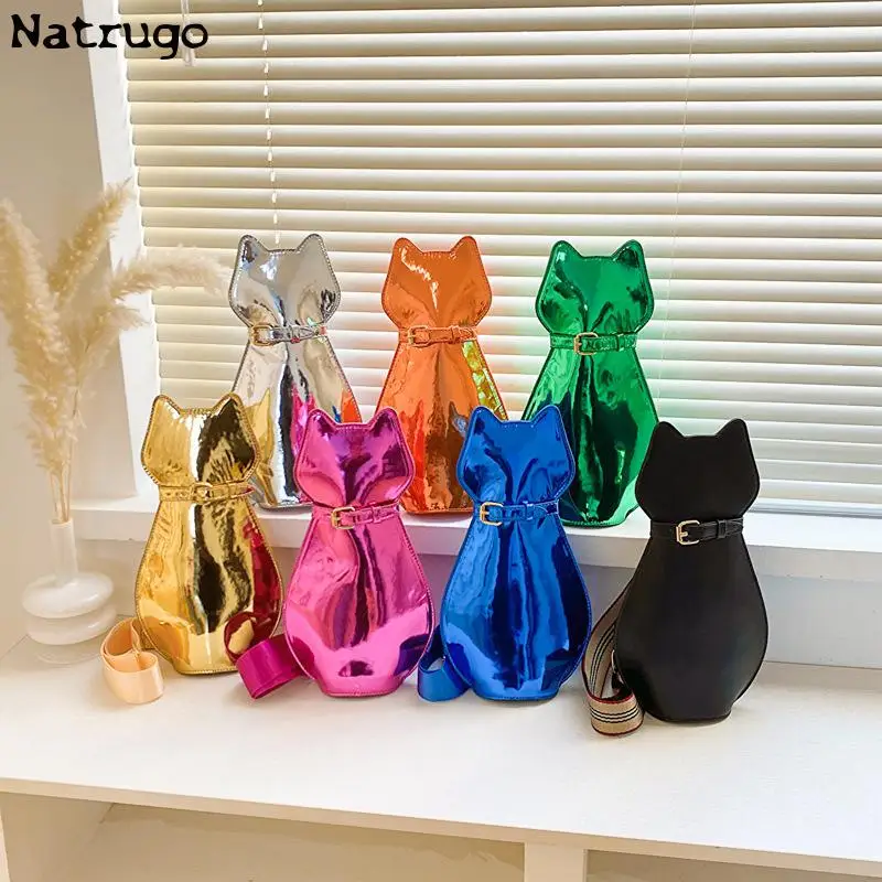 Gloss Shoulder Bags For Women Cute Cat Shape Pu Laser Crossbody Bag Solid Color High-quality Designer Blue Black Handbags 2023