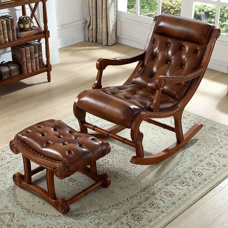 Modern solid wood balcony lazy rocking chair home leisure recliner elderly European living room bedroom single sofa