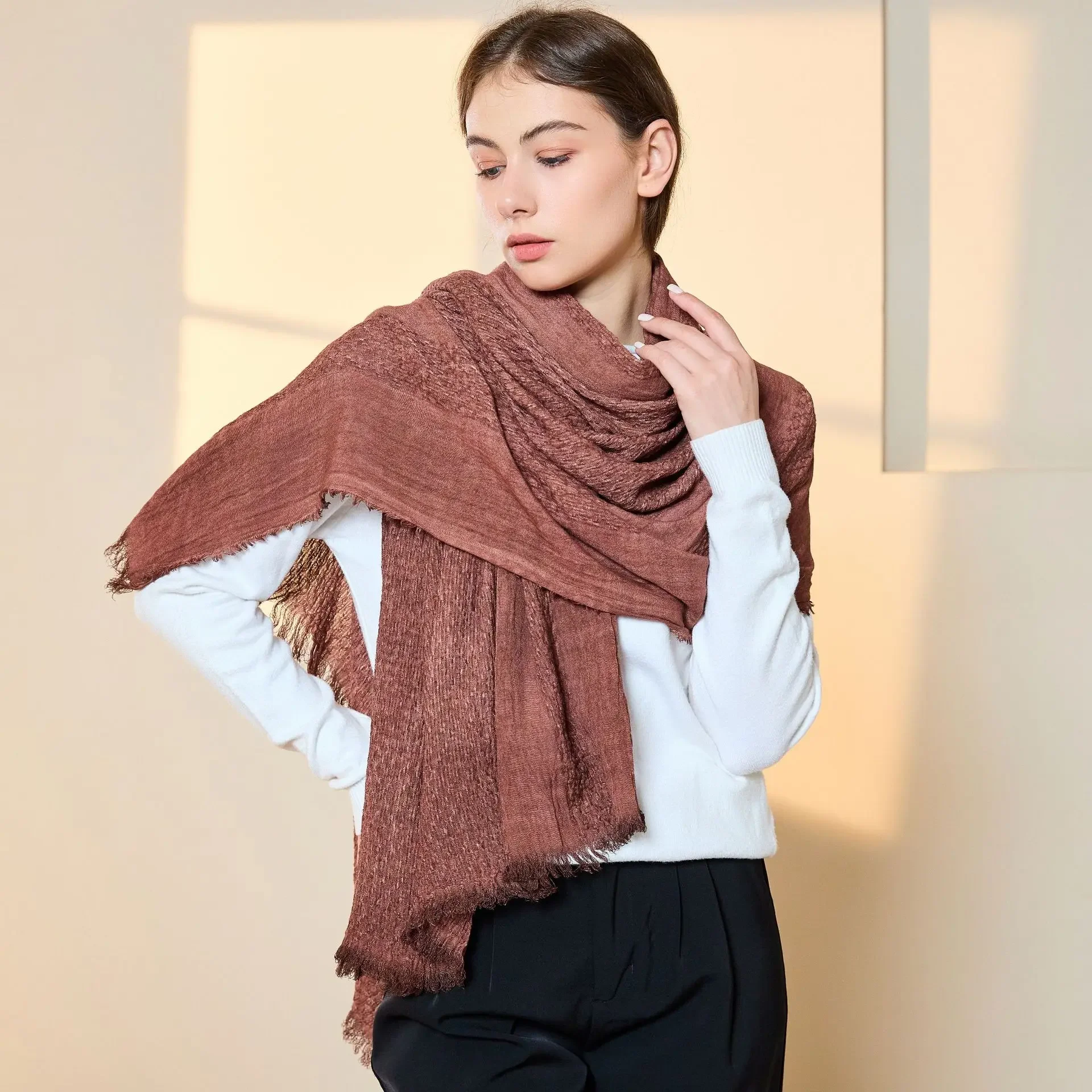 

Solid Color Scarf Summer Cotton and Linen New Dirty Dyed Woven Literary Style Women's Light and Thin Air-conditioned Room Shawl